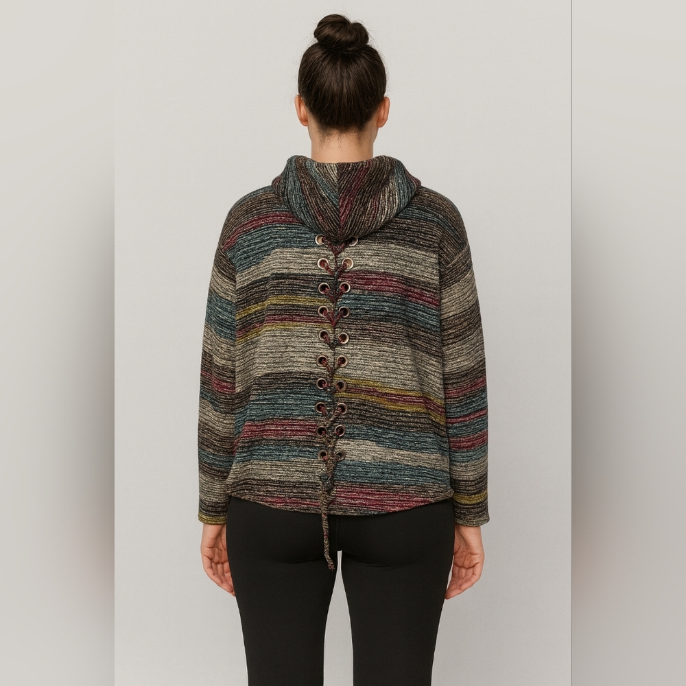 Ariella Multicolor Knit Hooded Sweater with Lace-Up Detail On‎ Back